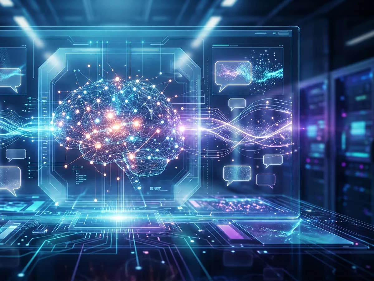 Referência fornecida: rede neural holográfica sobre uma estação tecnológica — imagem ilustrativa