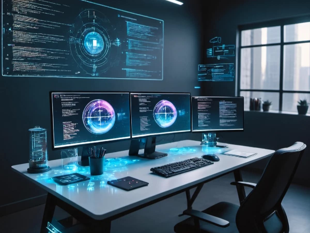 Referência fornecida: estação futurista de desenvolvimento com múltiplos monitores — imagem ilustrativa